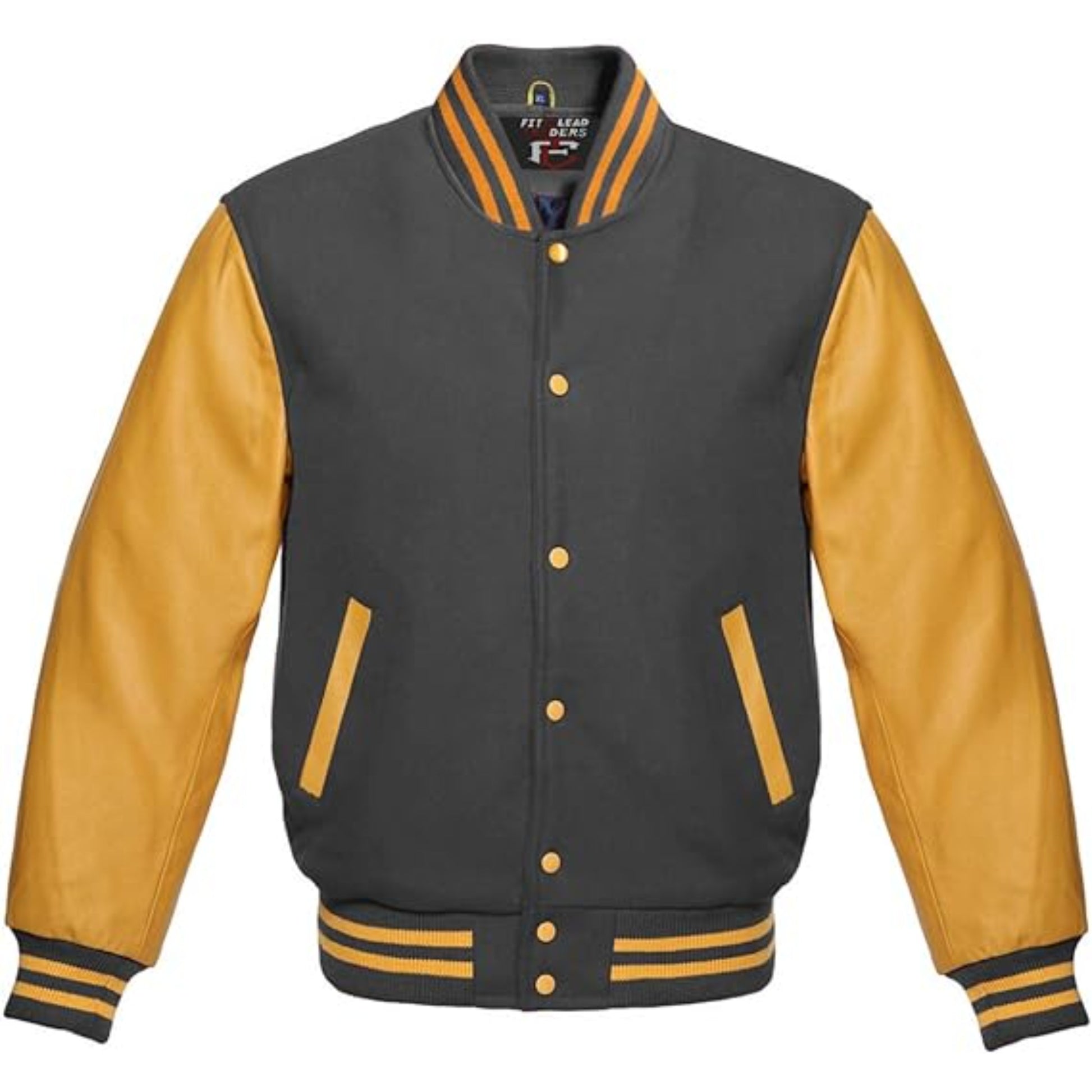 Gray and yellow varsity jacket on a white background