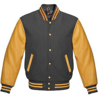 Gray and yellow varsity jacket on a white background