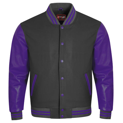A varsity-style jacket with a dark gray body and bright green leather-look sleeves, collar trim, and striped ribbing, shown on a plain white background.