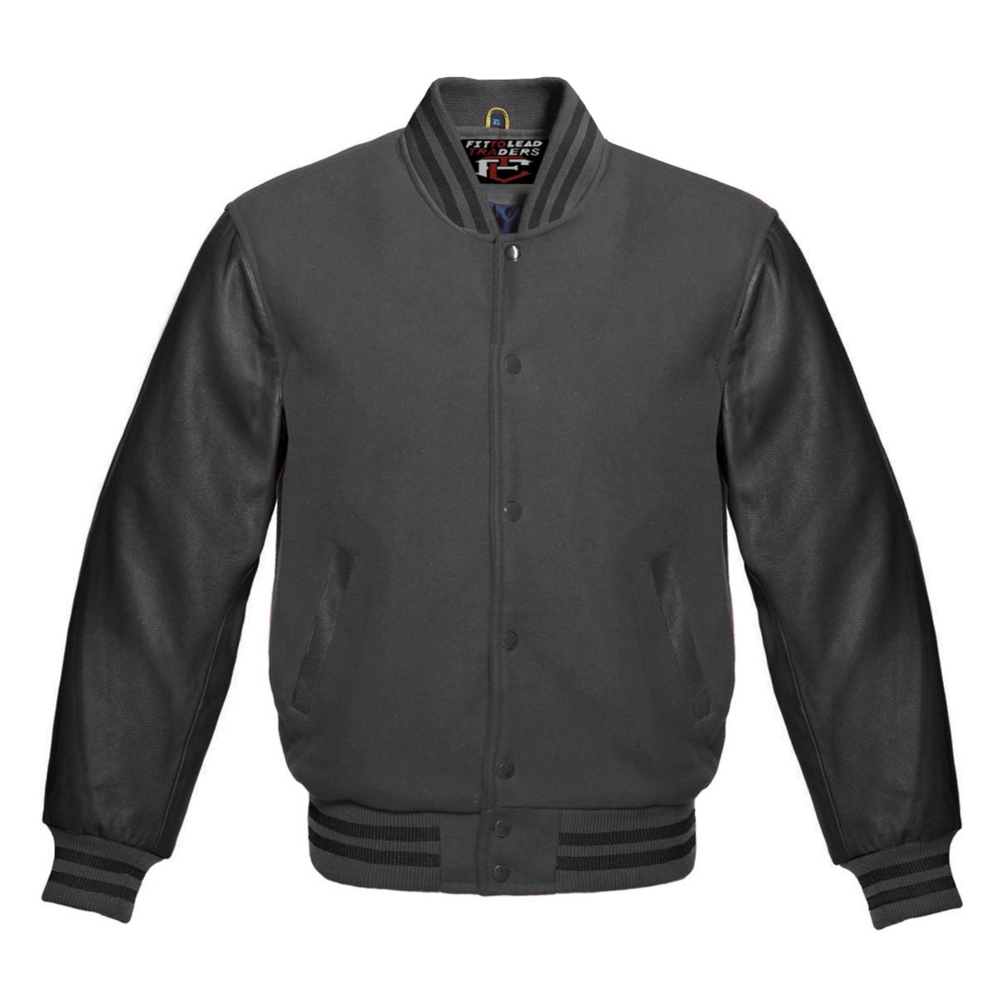 Black varsity jacket with striped cuffs on a white background