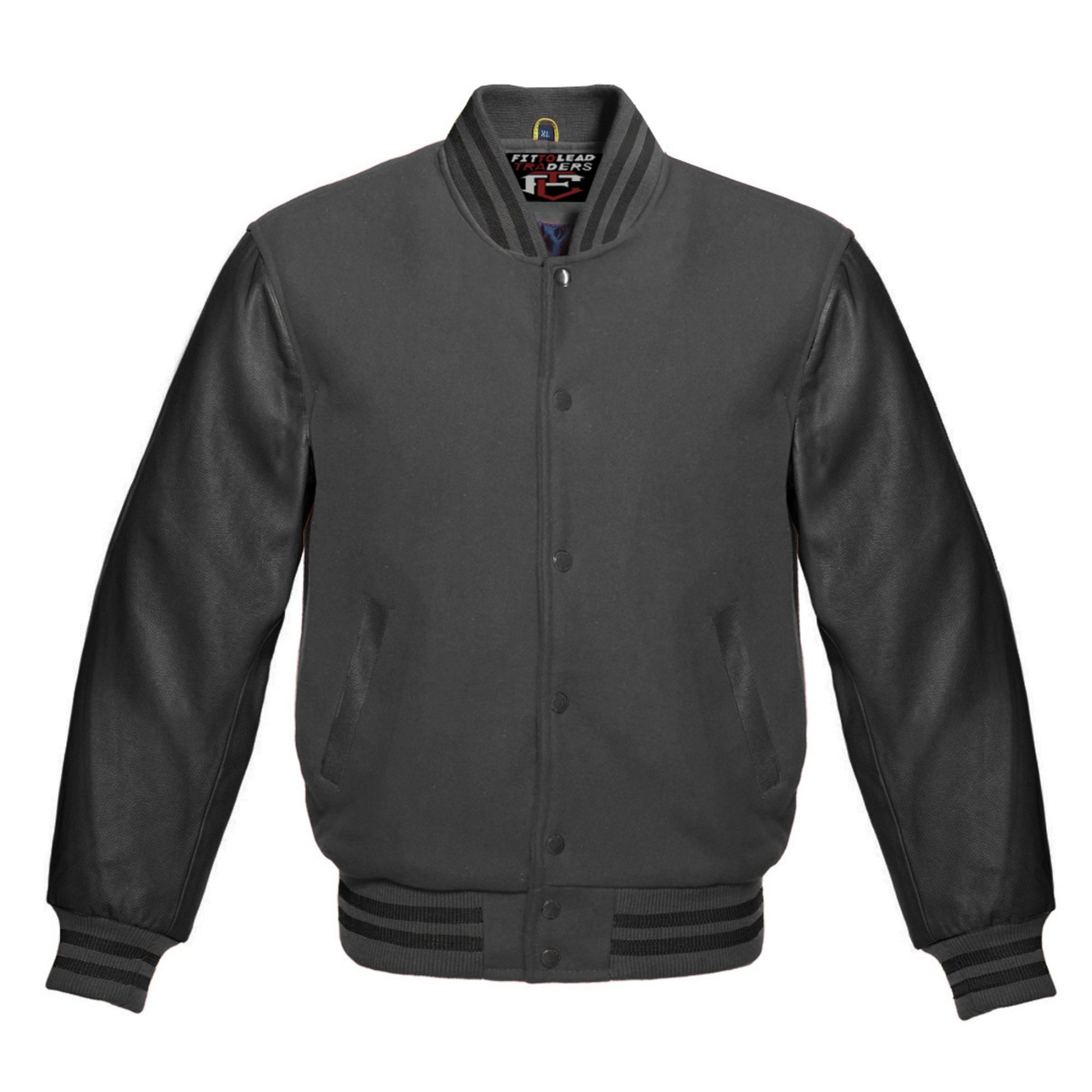 Black varsity jacket with striped cuffs on a white background