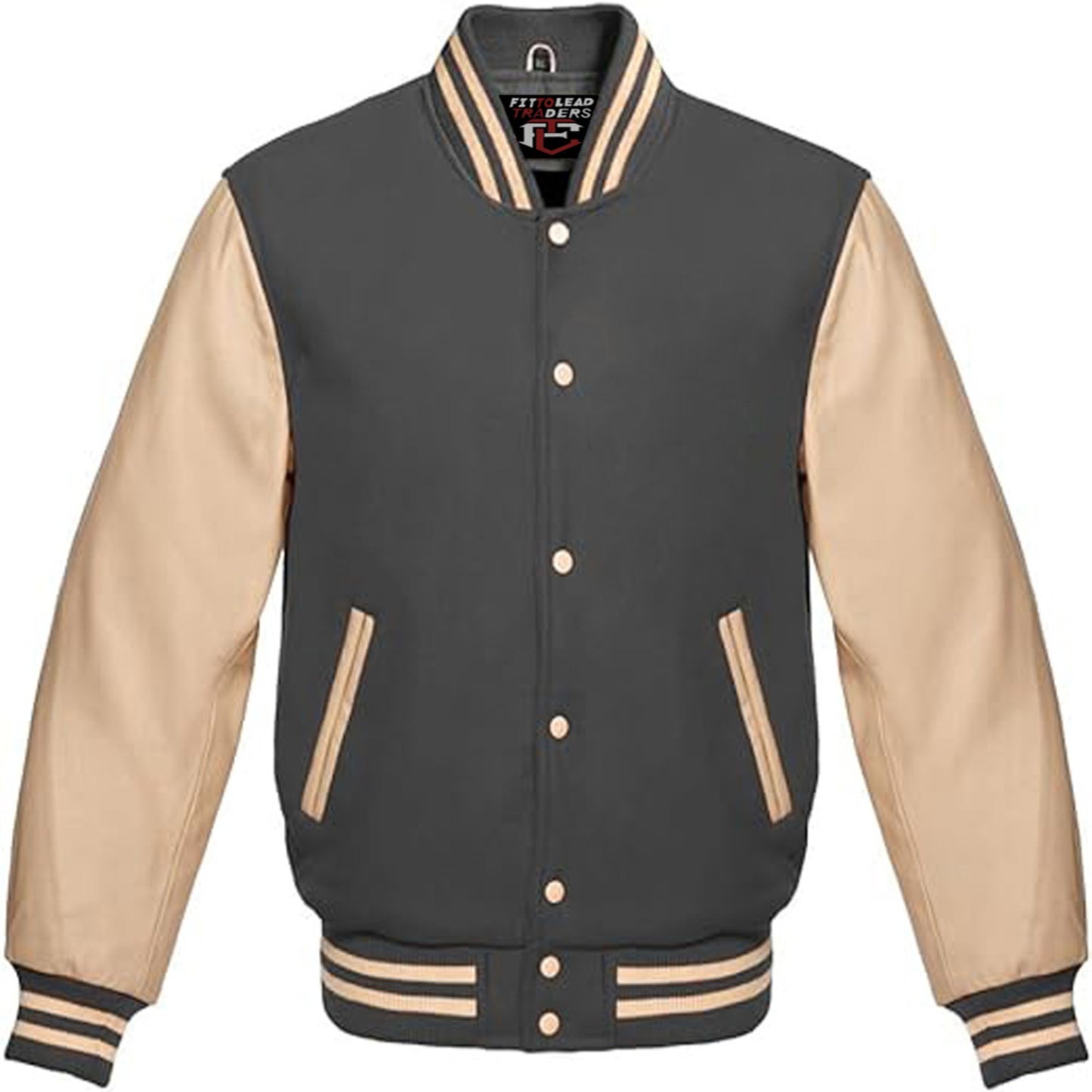Black and beige varsity jacket on a white background