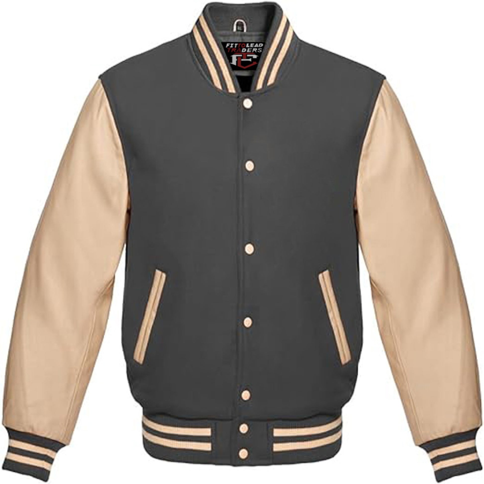 Black and beige varsity jacket on a white background