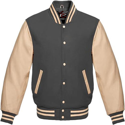 Black and beige varsity jacket on a white background