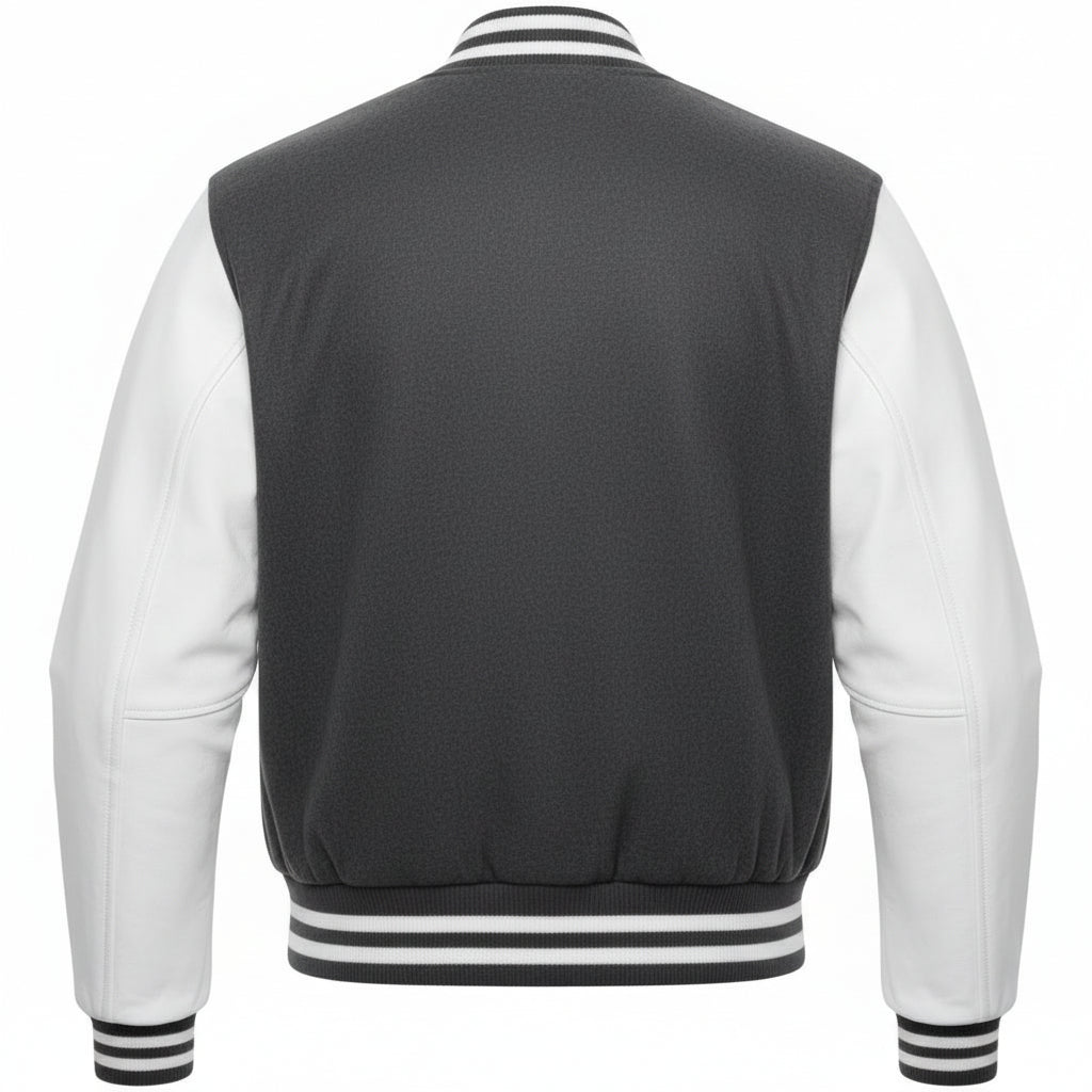 Dark Gray and white varsity jacket with black and white striped cuffs on a white background