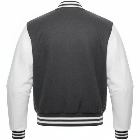 Dark Gray and white varsity jacket with black and white striped cuffs on a white background