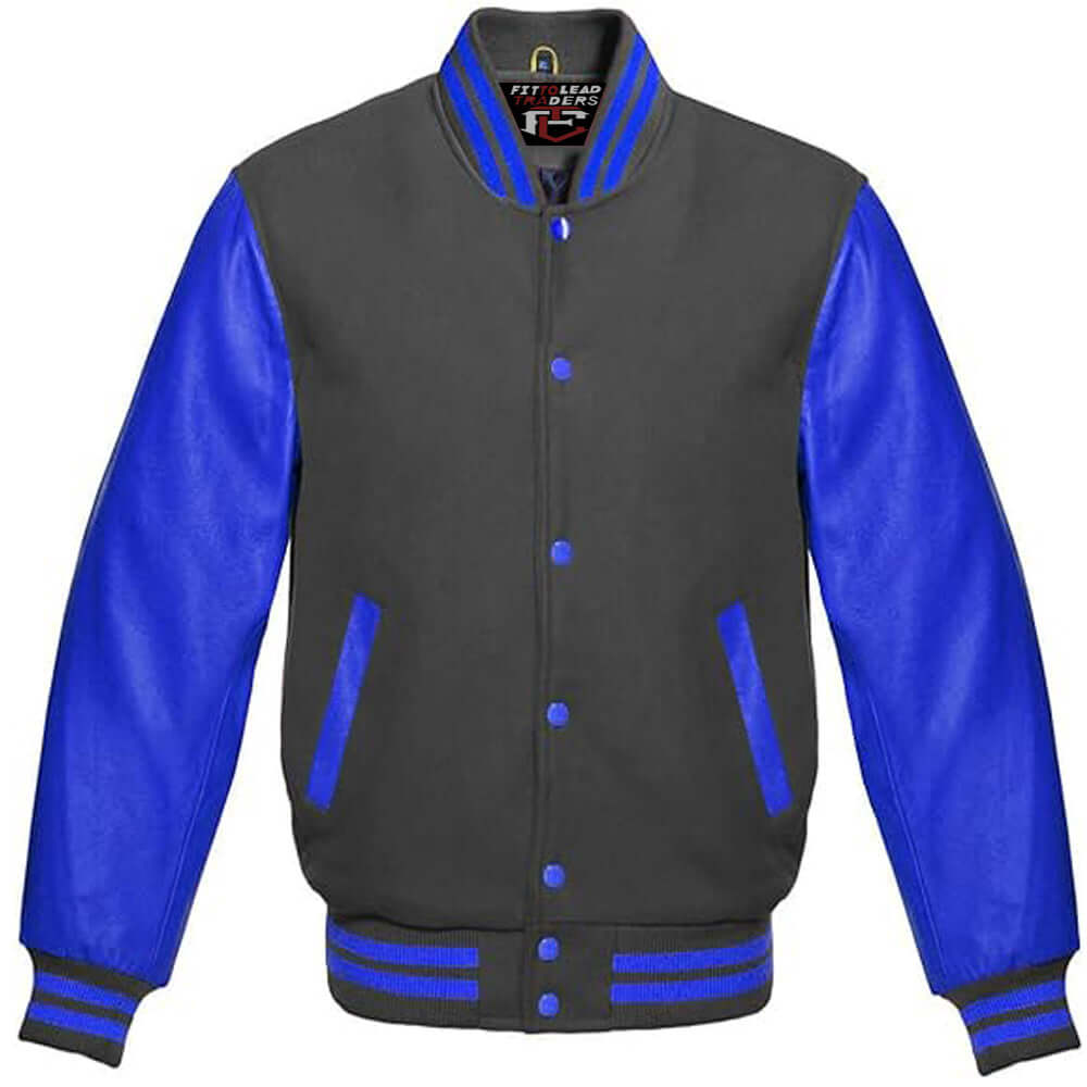 Multicolor Wool Varsity Jacket in Royal Blue Leather Sleeves