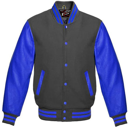 Multicolor Wool Varsity Style Jacket Genuine Royal Blue Leather Sleeves