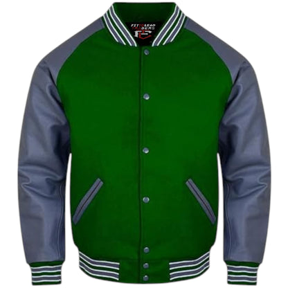 A stylish varsity jacket with a black wool body and grey leather sleeves, featuring a quilted polyester lining, snap buttons, ribbing on the cuffs, collar, and hem, and multiple pockets.