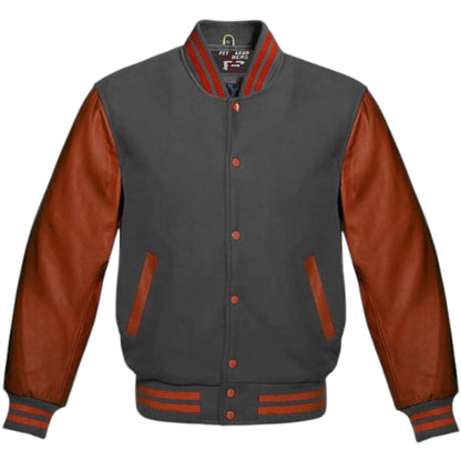 Custom Color Varsity Jacket Unisex – Brown Leather Sleeve Wool