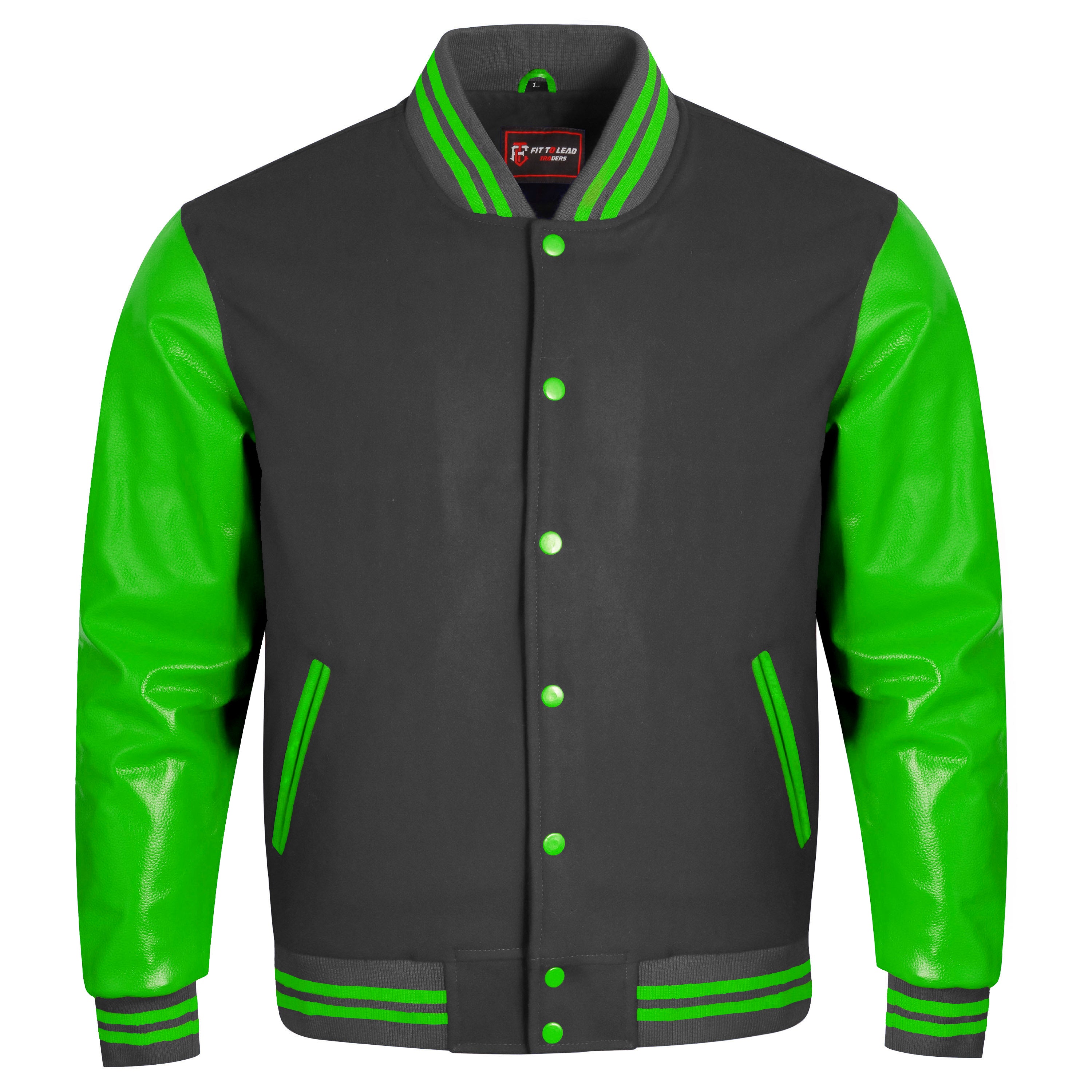 A varsity-style jacket with a dark gray body and bright green leather-look sleeves, collar trim, and striped ribbing, shown on a plain white background.