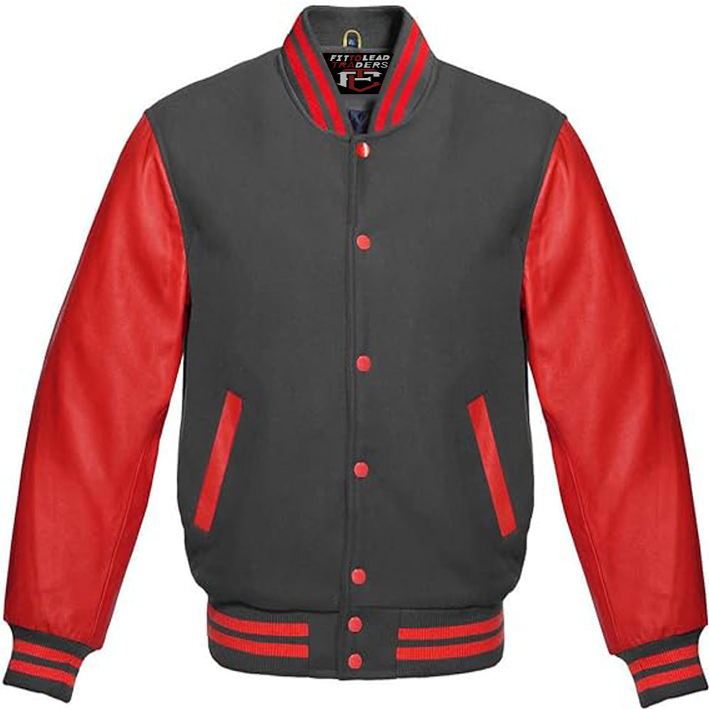 Varsity Jacket Red Leather Sleeves & Wool Body Letterman College Baseball