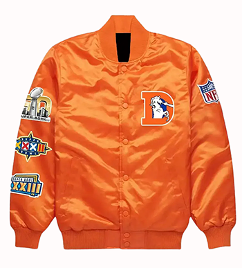 An orange satin bomber jacket featuring a large white and orange letter 'D' logo on the left chest, an NFL shield logo on the right sleeve, and multiple Super Bowl patches on both sleeves.