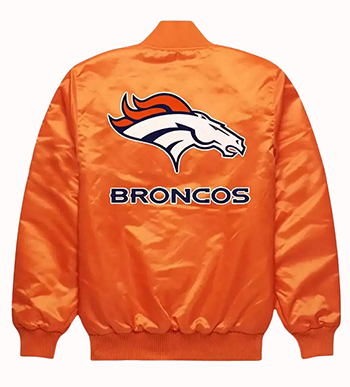 An orange nylon bomber jacket shown from the back, featuring the Denver Broncos horse head logo and the word 'BRONCOS' in navy and white.