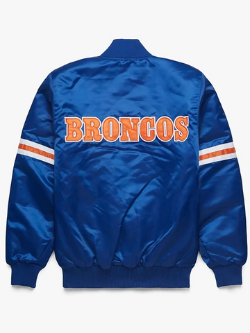 A royal blue satin jacket shown from the back, featuring 'BRONCOS' in orange varsity-style letters across the upper back, with white and orange stripes on the sleeves.