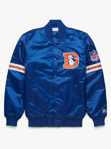 A royal blue satin bomber jacket featuring a large orange and white 'D' logo with a horse head on the left chest, and an NFL shield logo on the right sleeve. The jacket has orange and white stripes on the sleeves and a ribbed collar, cuffs, and hem.