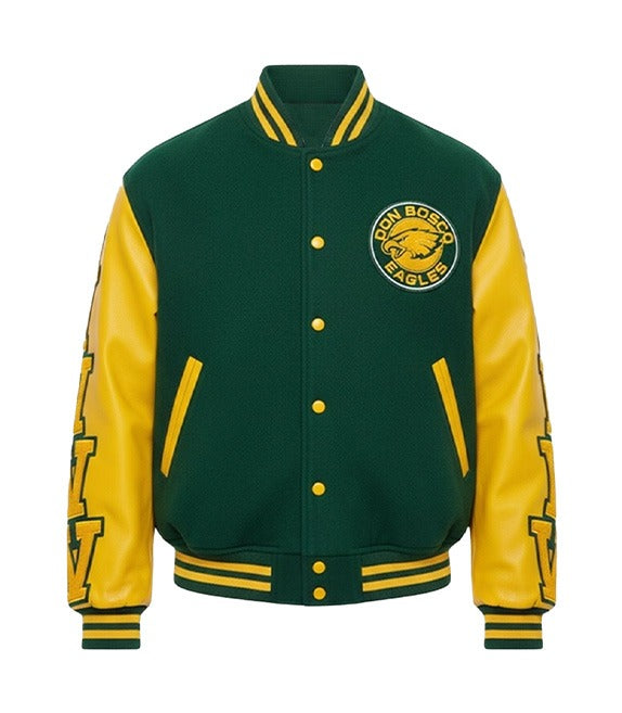 A green and yellow varsity jacket with a green body, yellow sleeves, and a circular 'Don Bosco Eagles' logo on the left chest.