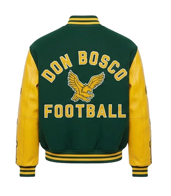 Green and yellow varsity jacket shown from the back, featuring 'DON BOSCO FOOTBALL' and an eagle graphic in yellow embroidery.