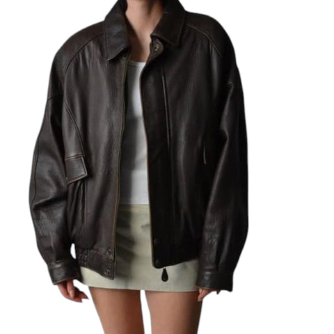 Person wearing a dark brown leather jacket on a white background