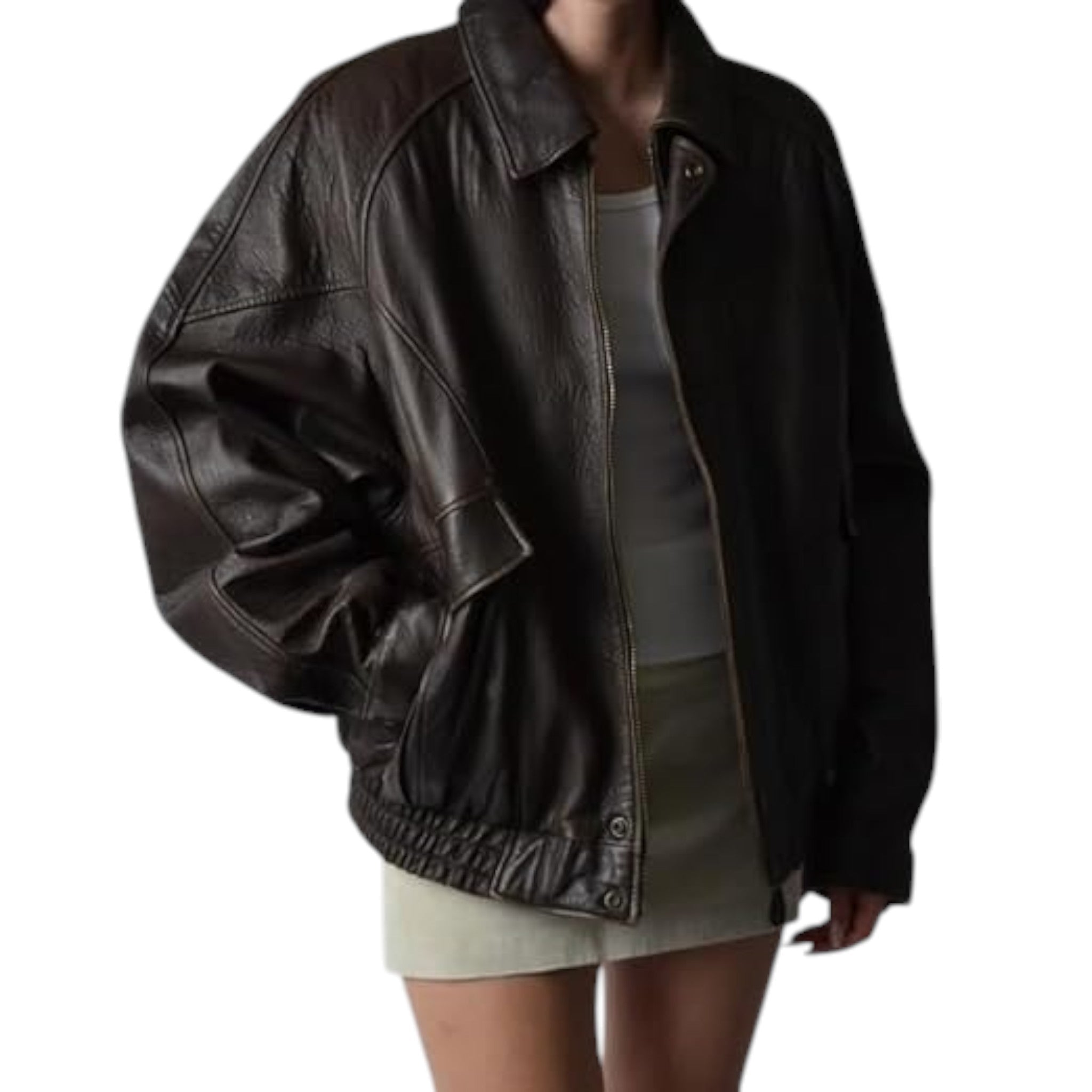 Brown leather jacket worn by a person on a white background