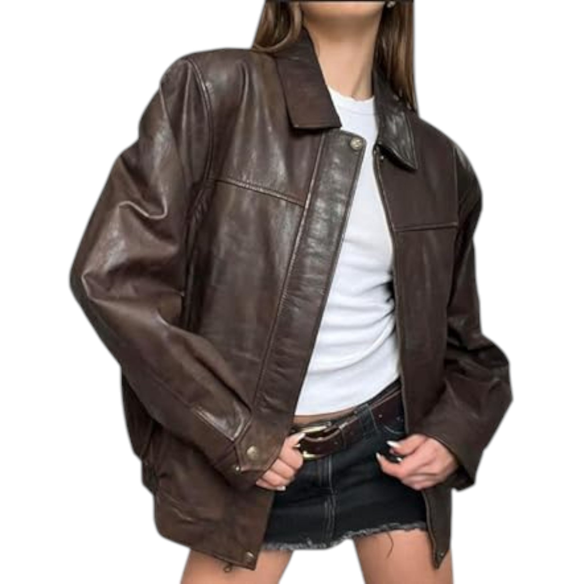 Brown leather jacket worn by a person on a white background
