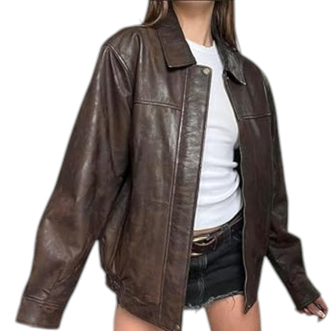 Brown leather jacket worn by a person on a white background