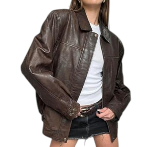 Brown leather jacket worn by a person on a white background