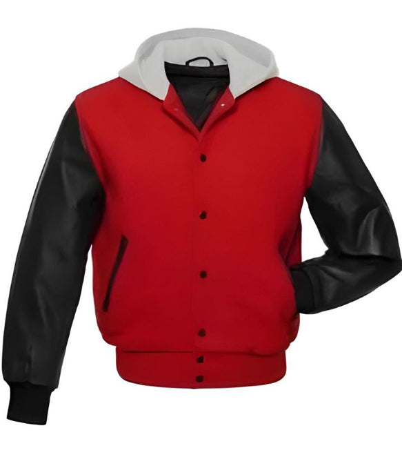 A red and black varsity-style hooded jacket with a red body, black sleeves, and a light gray hood lining, shown on a plain white background.