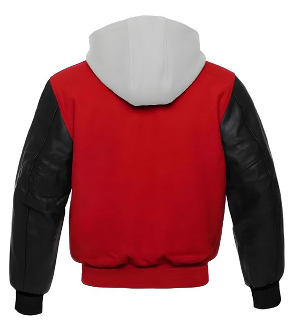 A red and black hooded jacket shown from the back, featuring a solid red body, black faux-leather sleeves, and a contrasting light gray hood on a white background.