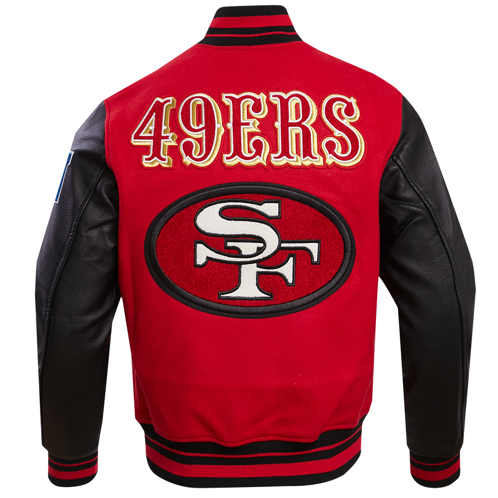 49ers Classic Wool & Leather Varsity Jacket Red Body, Black Sleeves