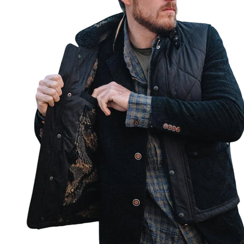 Men Black Quilted Sleeveless Vest High Collar Front Pockets