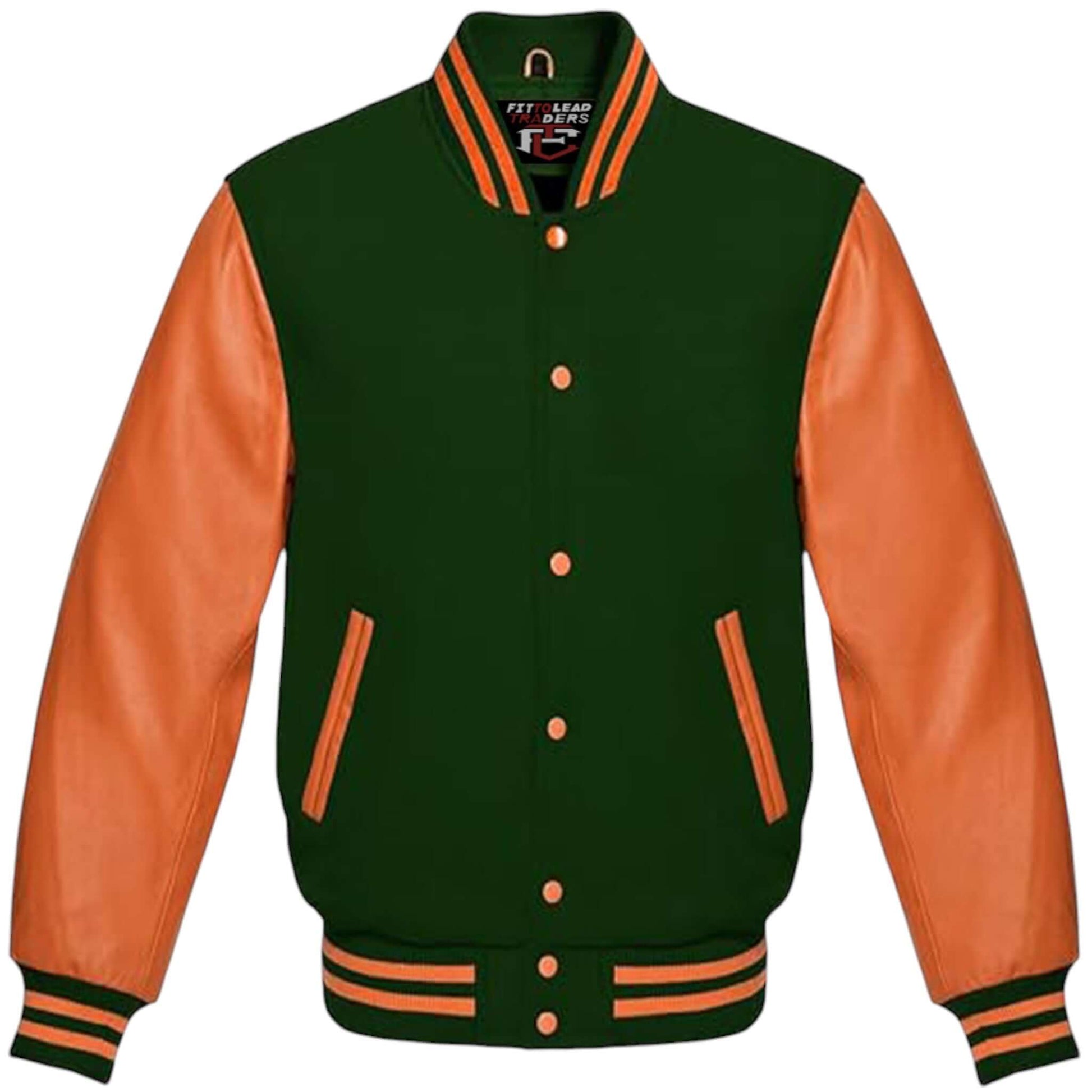 Unisex Varsity Jacket Wool Body with Orange Leather Sleeves