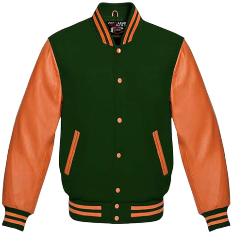Unisex Varsity Jacket Wool Body with Orange Leather Sleeves
