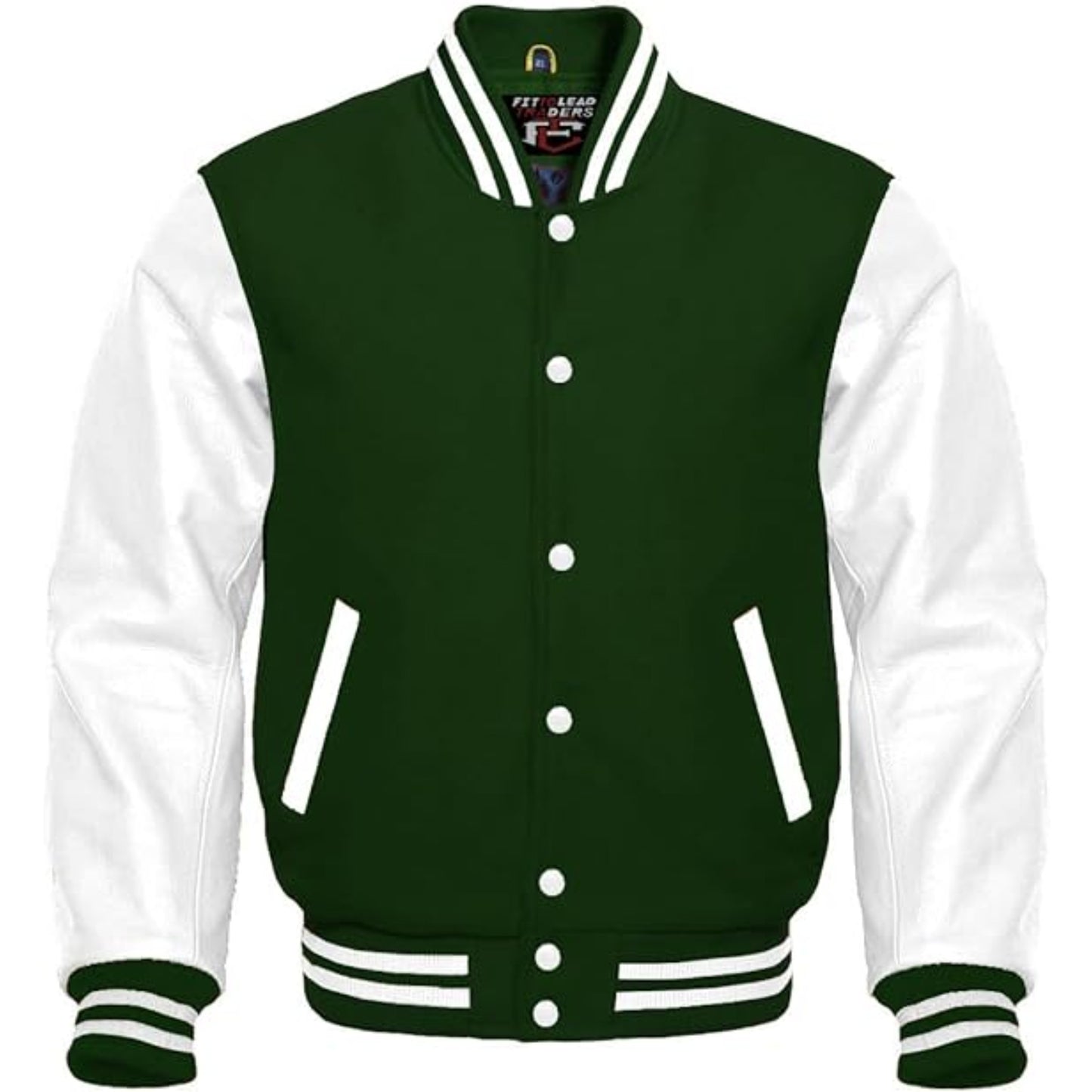 Green and white varsity jacket with brand logo on a white background