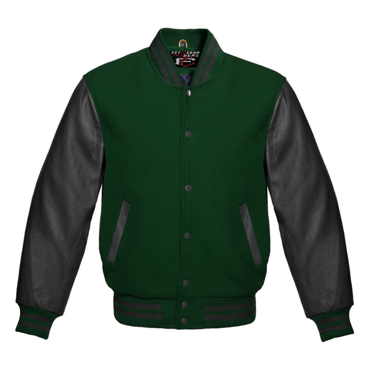 Green and black varsity jacket on a white background