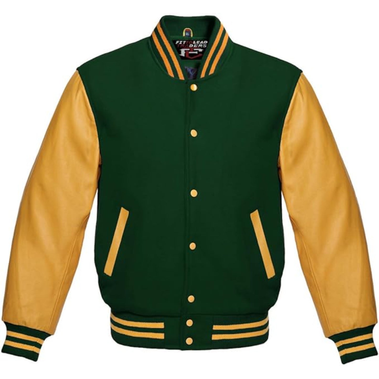 Green and yellow varsity jacket with button details on a white background