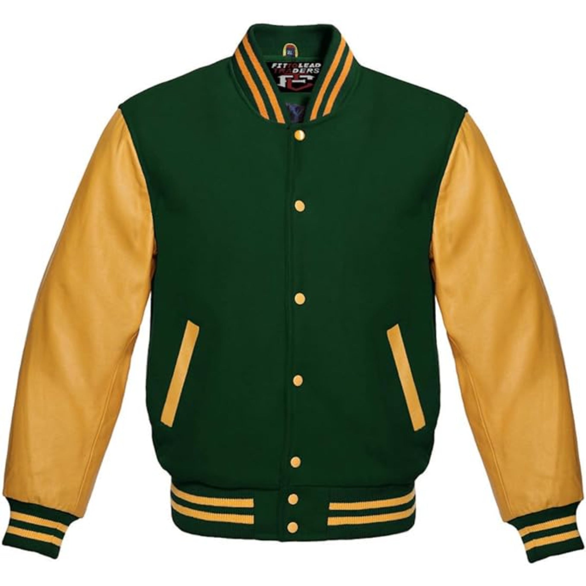 Modern Wool Bomber Jacket Gold Leather Sleeves Stylish Wear