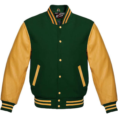 Green and yellow varsity jacket with button details on a white background