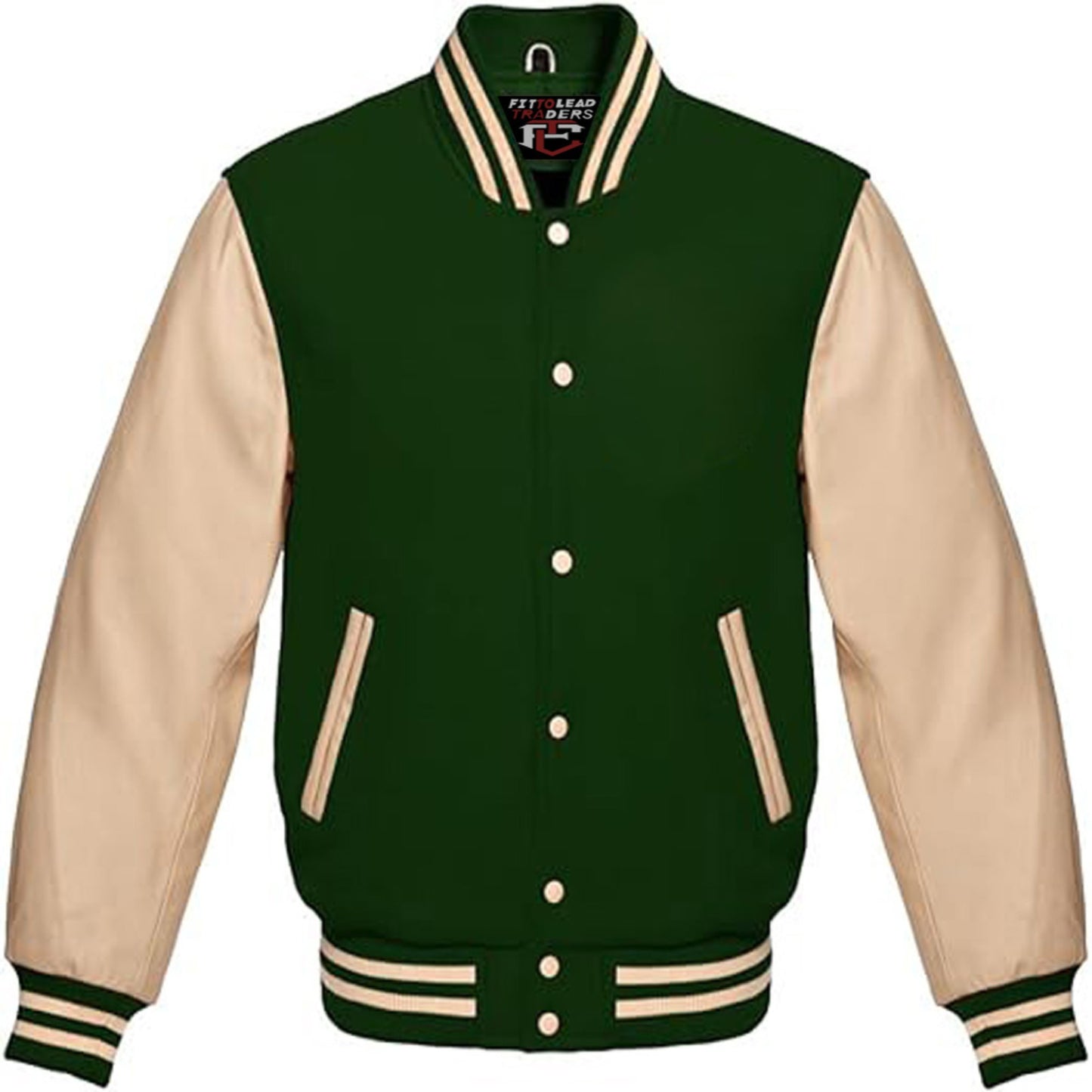 Green and beige varsity jacket on a white background