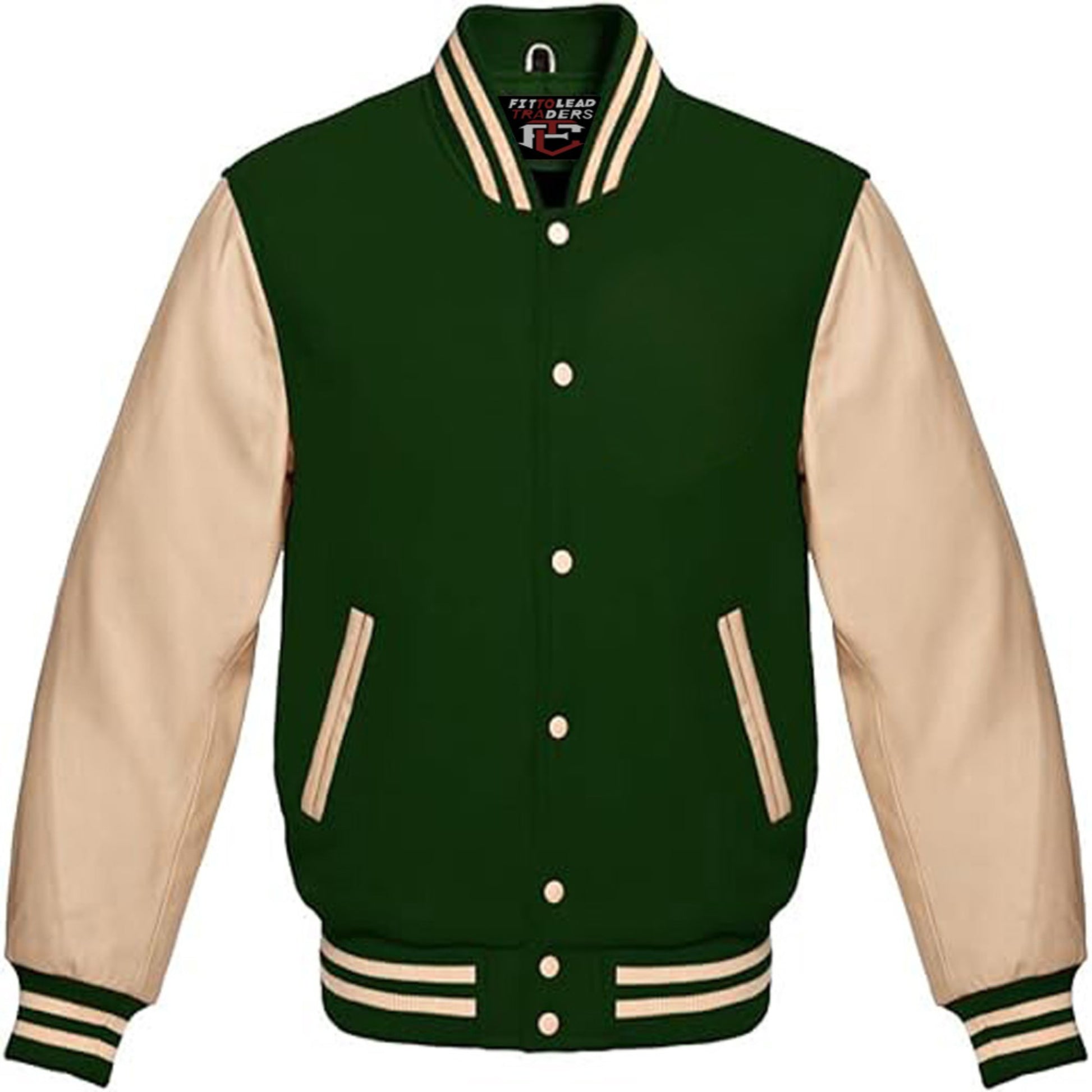 Classic Wool Varsity Jacket with Cream Leather Sleeves