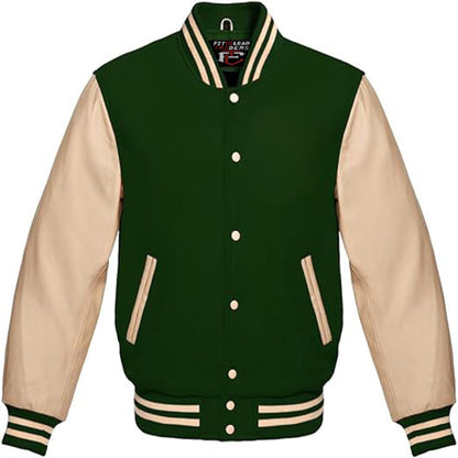 Green and beige varsity jacket on a white background