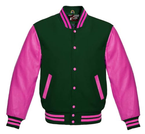 Hot Pink Leather Varsity Baseball Jacket Premium Wool Blend