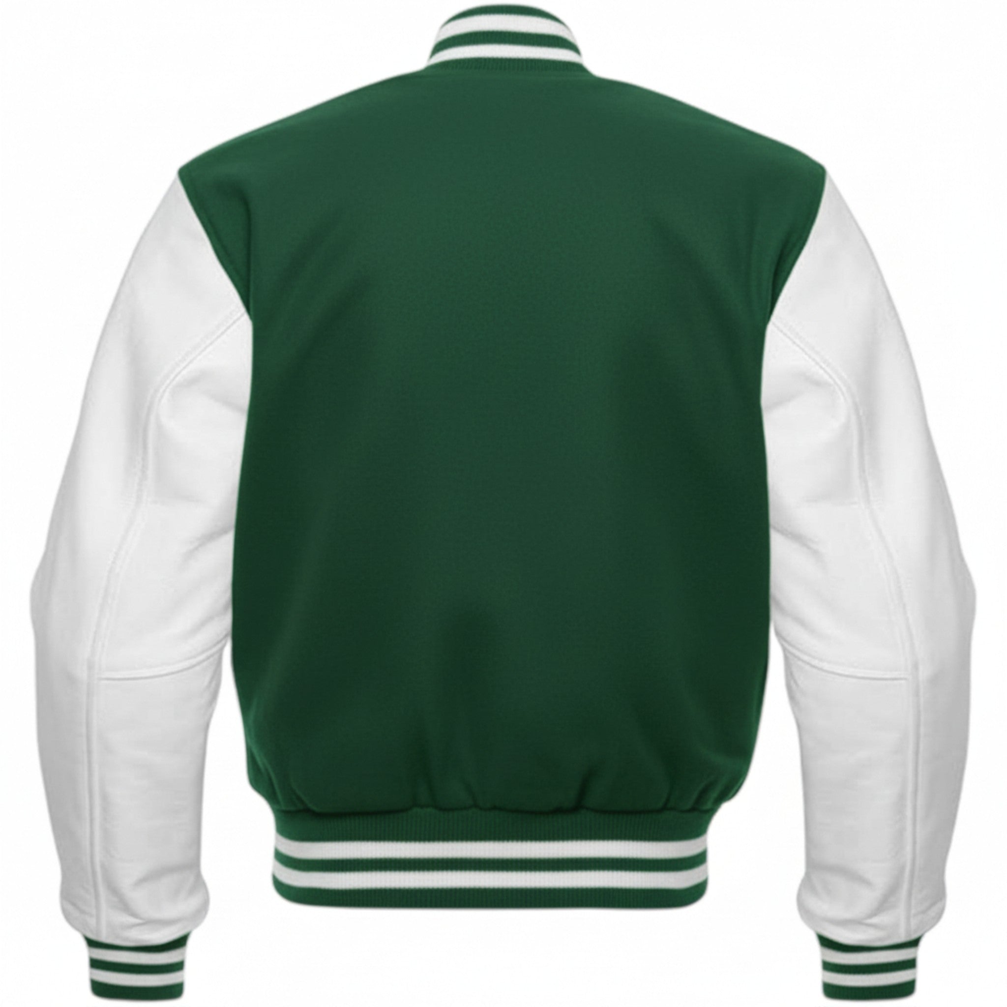 Forest Green and white varsity jacket on a white background