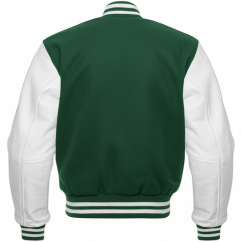 Forest Green and white varsity jacket on a white background