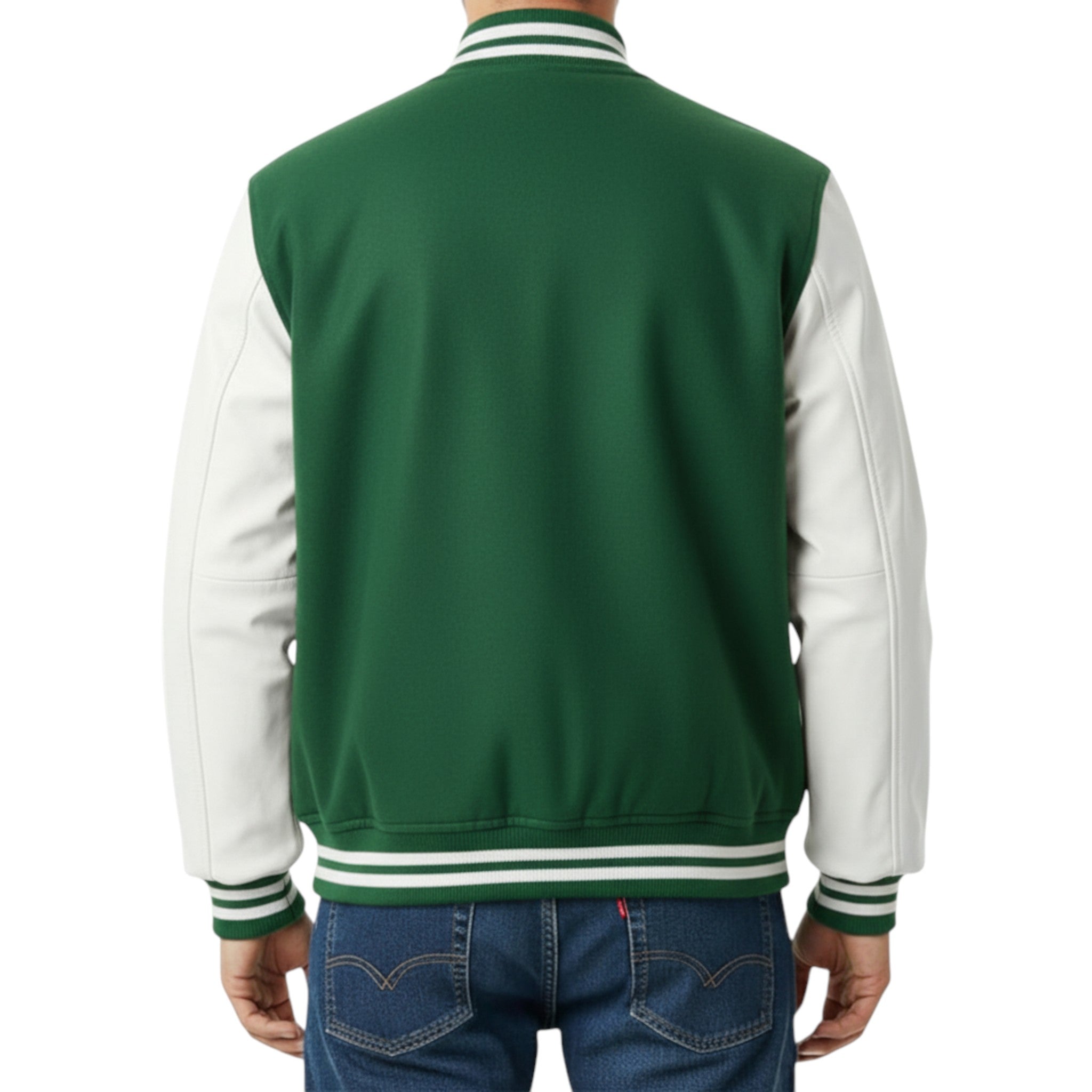 Forest Green and white varsity jacket on a person with a white background