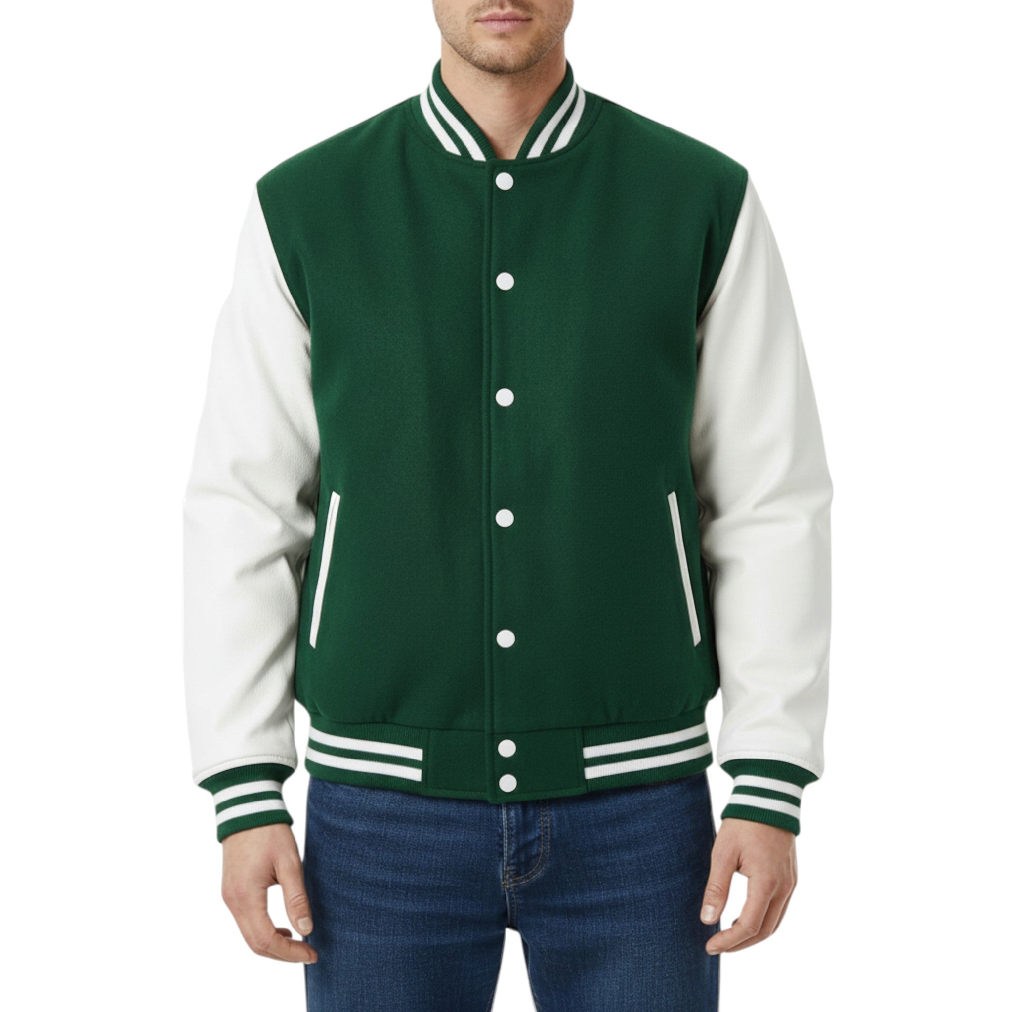 Forest Green and white varsity jacket worn by a person on a white background