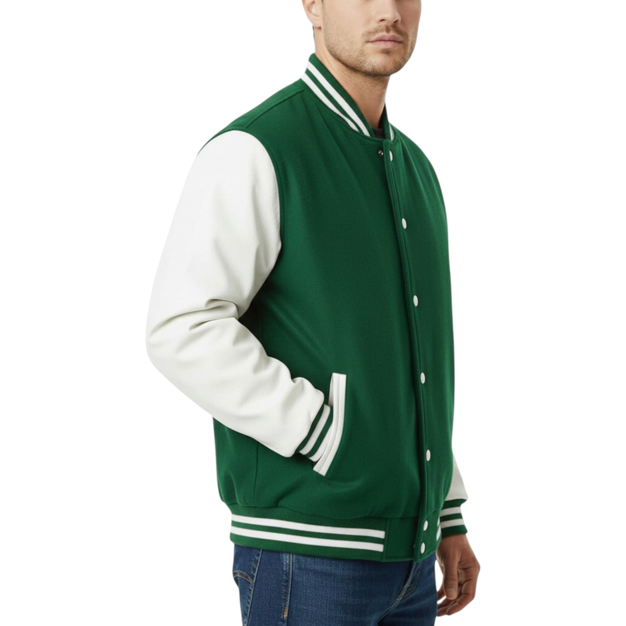 Forest Green and white varsity jacket worn by a person on a white background