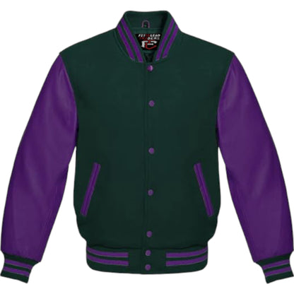 Premium Varsity Jacket Purple Leather Sleeves Classic College Bomber Style