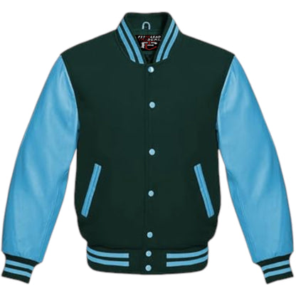 A multicolor wool varsity style jacket with genuine sky blue leather sleeves, featuring a full front snap button closure, ribbing on cuffs, collar, and hem, and multiple pockets.