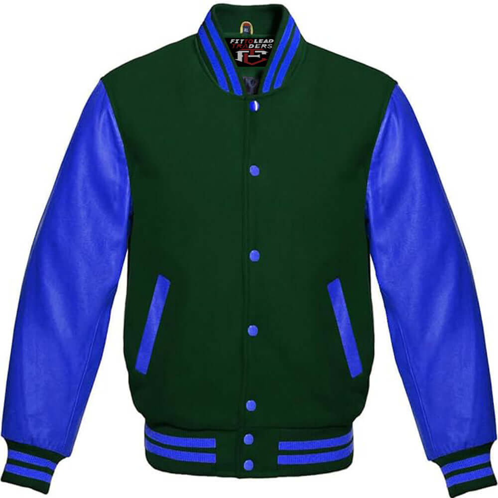 Multicolor Wool Varsity Jacket in Royal Blue Leather Sleeves